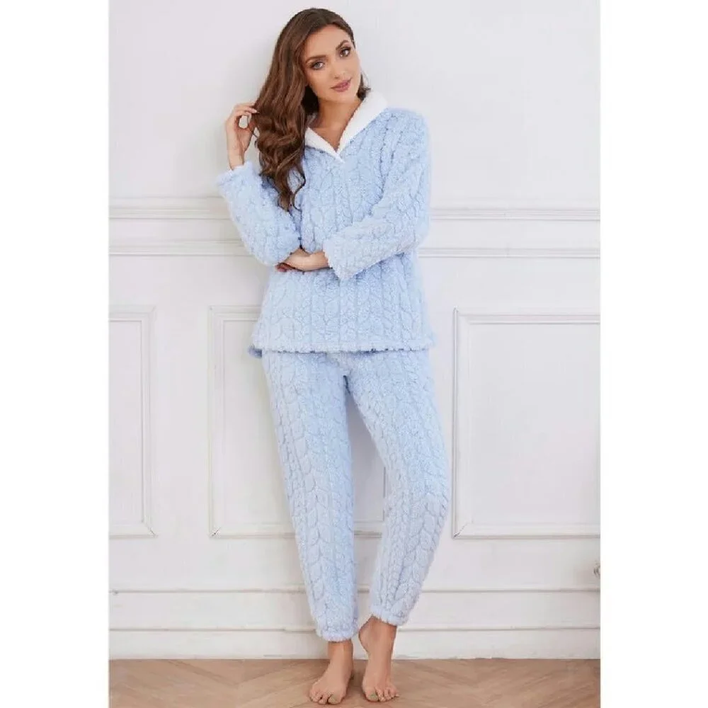 Soft Fleece Pajama Set Women's 2-Piece Plush Sleepwear Winter Loungewear